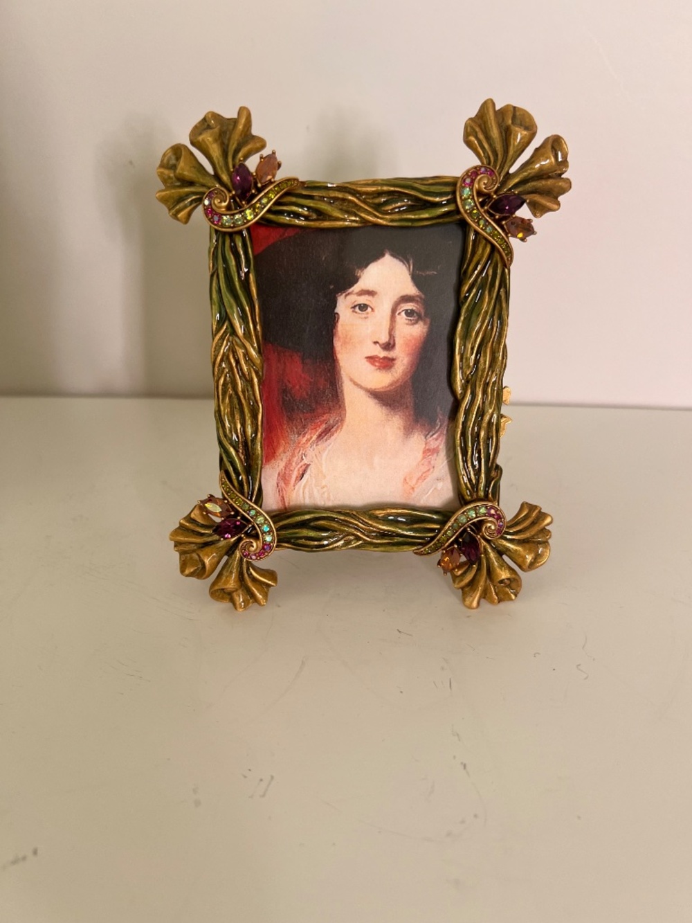 Rare Jay Strongwater Couture Ribbon Drapery Jeweled Picture Frame Green Enamel